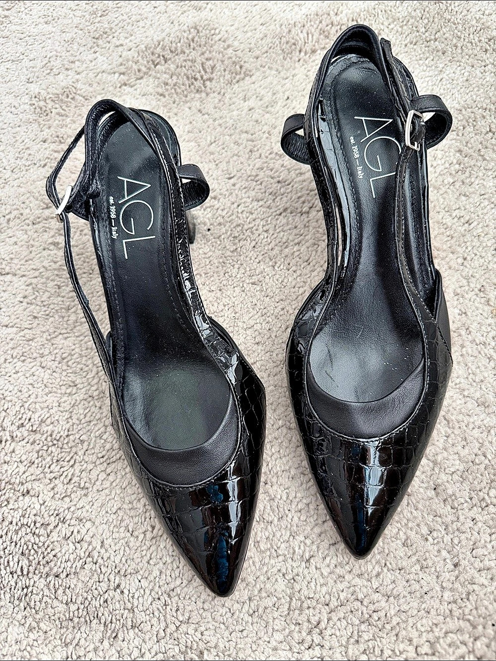 AGL Vero Cuoio Crocodile-Textured Slingback Heels Black EU 36.5. NWOT
